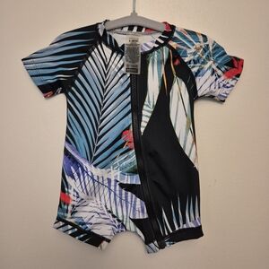 0-3mth - Tropical Leaf Swim long sleeve baby swimsuit with full-length front zip